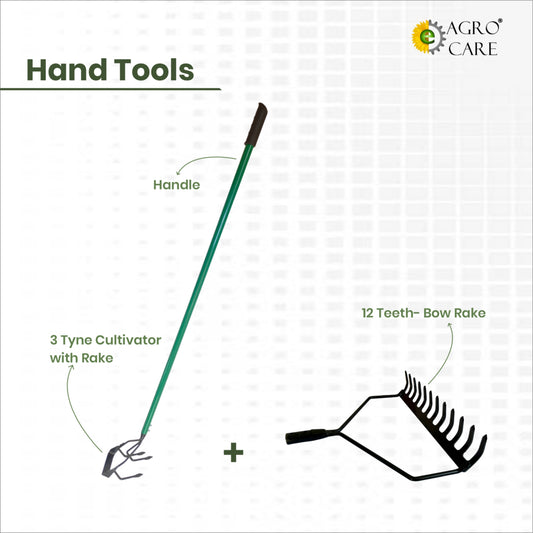 3 Tyne cultivator with 4 Ft Handle & 12 Teeth Bow Rake