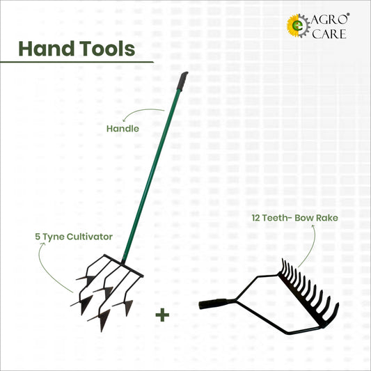 5 Tyne cultivator and 4 Ft Handle with 12 Teeth Bow Rake